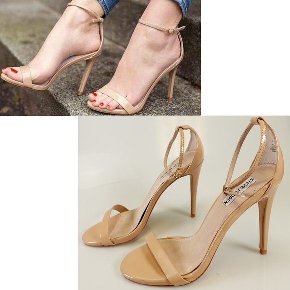 STEVE‎ MADDEN Heels 9 Patent Leather Beige Pump Nude Ankle Strap Stiletto Heels - Picture 1 of 12